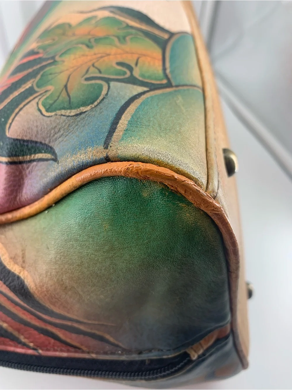 Anuschka Hand Painted Leather Satchel Peacock Feather Botanical Art Crossbody